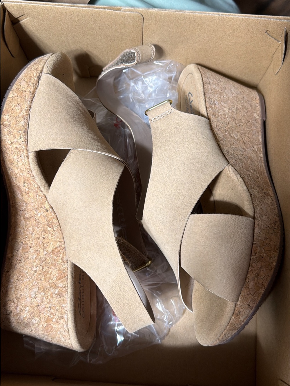 Clarks Beige Cork Wedge Sandals